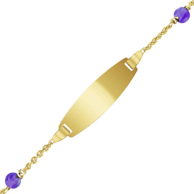 Gourmette Enfant Plaque Tonneau Améthystes & Or Jaune 375, 12 à 14 cm & 14 à 16 cm - Bambins