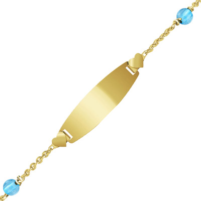 Gourmette Enfant Plaque Tonneau Coeur Topazes Bleues & Or Jaune 375, 12 à 14 cm & 14 à 16 cm - Bambins