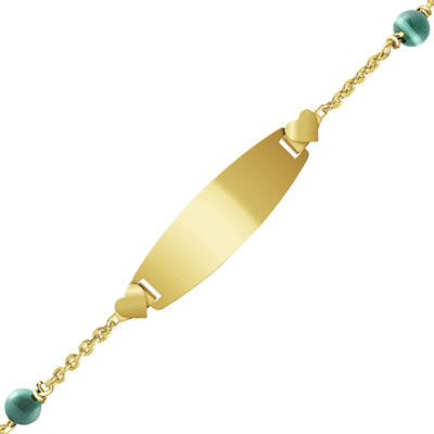 Gourmette Enfant Plaque Tonneau Coeur Malachites & Or Jaune 375, 12 à 14 cm & 14 à 16 cm - Bambins