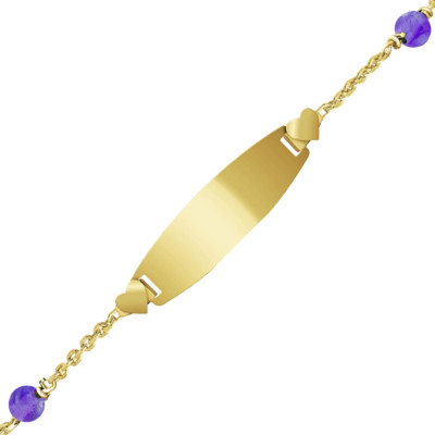 Gourmette bébé Plaque Tonneau Coeur Améthystes & Or Jaune 375, 12 à 14cm & 14 à 16cm - Bambins