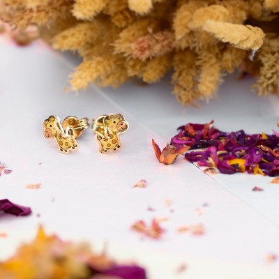 Boucles D'oreilles Girafes, Email & Or jaune 375 - Bambins