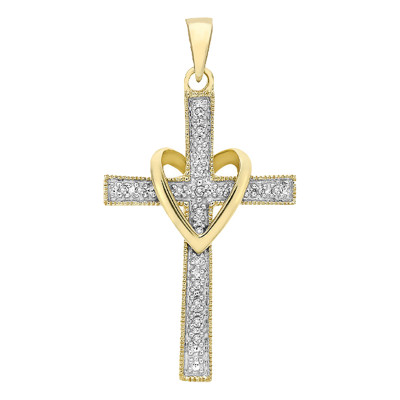 Pendentif Croix & Coeur, Or Jaune 375 & Diamants 0,05 ct, 16x30mm - Emanessence