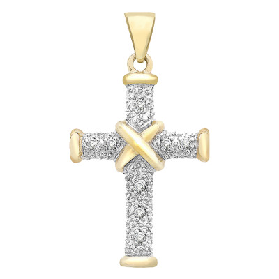 Pendentif Croix, Or Jaune 375 & Diamants 0,04 ct, 14x25mm - Emanessence