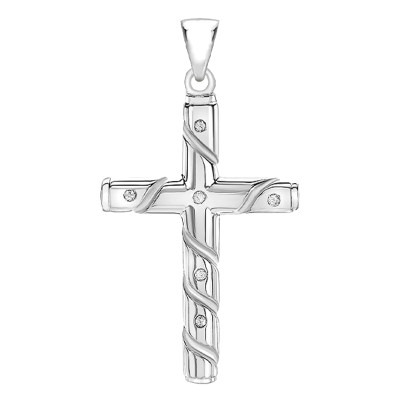 Croix striée, Or blanc 375 & Diamants, 18x32mm - Emanessence