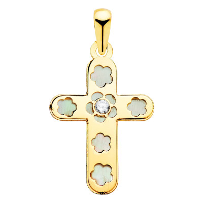 Croix Zircon à motif, Nacre & Or Jaune 750, 20x13mm - Lumiosa
