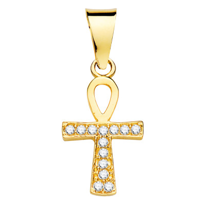 Croix de vie Egyptienne, Or jaune 750 & Zircons, 14 x 8 mm - Lumiosa