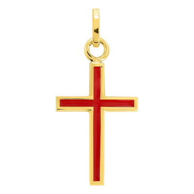 Pendentif Croix, Or Jaune & Laque Rouge, 18x12mm - Emanessence