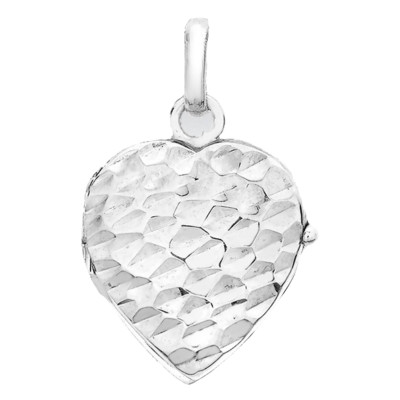 Pendentif Photo Cœur Martelé, Or blanc 375, 20x16mm - Emanessence