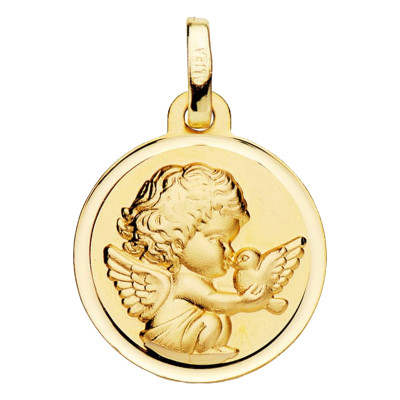 Médaille Ange à l'oiseau, Or Jaune 375, 16mm - Lumiosa