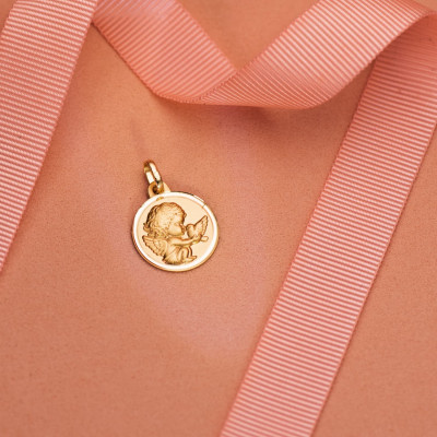 Médaille Ange à l'oiseau, Or Jaune 375, 16mm - Lumiosa