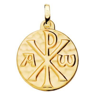 Médaille Chrisme martelé, Or Jaune 750, 18mm - Lumiosa