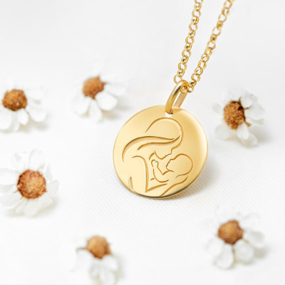 Médaille Vierge à l'enfant maternité, Or Jaune 375, 16mm - Emanessence