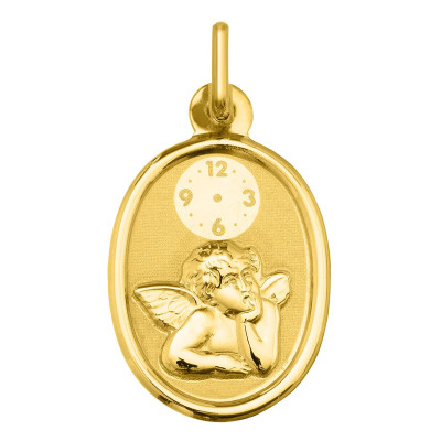Médaille Ange & Horloge ovale, Or Jaune 750, 12x16mm - Argyor