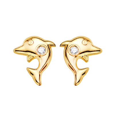 Boucles d'oreilles Dauphins, Or Jaune 750 & Zirconiums - Bambins