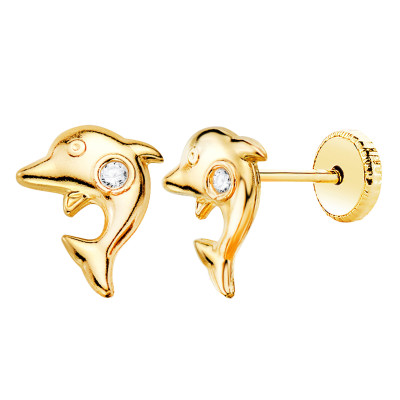 Boucles d'oreilles Dauphins, Or Jaune 750 & Zirconiums - Bambins