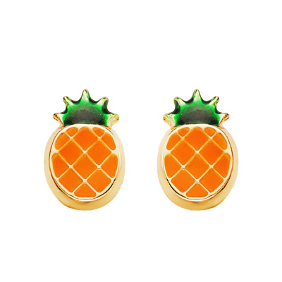 Boucles d'oreilles Ananas Emaillées, Or Jaune 750, 6,50x4mm - Bambins