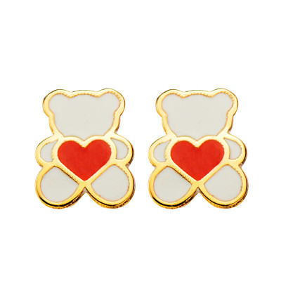 Boucles d'oreilles Ours & Coeur Émaillés, Or Jaune 750, 4,50x6mm - Bambins