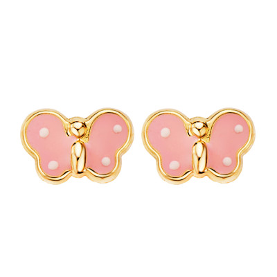 Boucles d'oreilles Papillons Roses Émaillés, Or Jaune 750, 4,50x7mm - Bambins