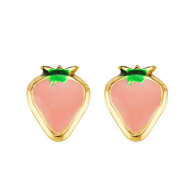 Boucles d'oreilles Fraises Émaillées, Or Jaune 750, 6x5mm - Bambins