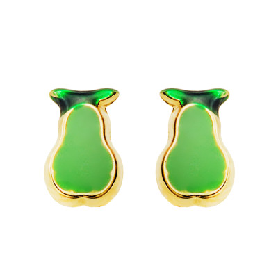 Boucles d'oreilles Poires Vertes Émaillées, Or Jaune 750, 6x4mm - Bambins