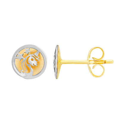 Boucles d'Oreilles Rondes Licorne, Or Blanc & Jaune 375 - Bambins