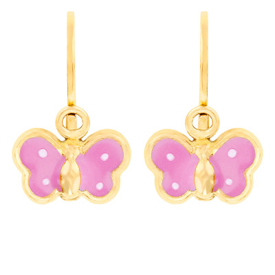 Boucles d'Oreilles Papillon Rose, Or Jaune 375 - Bambins