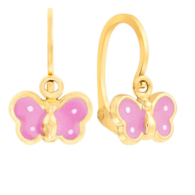 Boucles d'Oreilles Papillon Rose, Or Jaune 375 - Bambins