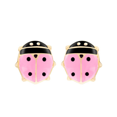 Boucles d'Oreilles Coccinelles Roses, Or Jaune - Bambins