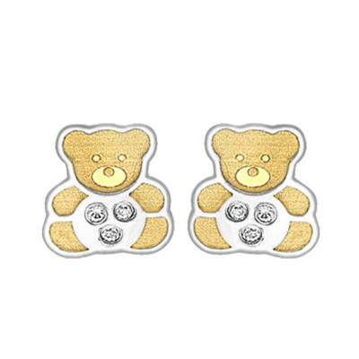 Boucles d'oreilles Ours en peluche, 2 Ors 375 & Zircones, 6x6mm - Bambins