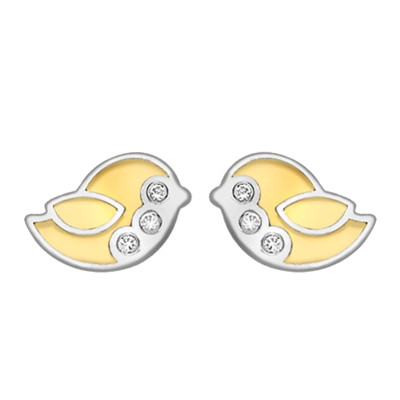 Boucles d'oreilles Oiseaux, 2 Ors 375 & Zircones, 7x6mm - Bambins