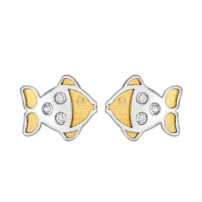 Boucles d'oreilles Poissons, 2 Ors 375 & Zircones, 7x5mm - Bambins