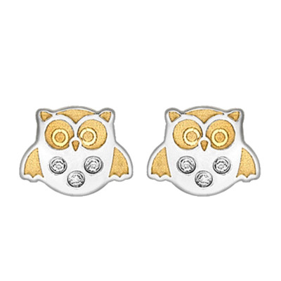 Boucles d'oreilles Hiboux, 2 Ors 375 & Zircones, 6x5mm - Bambins