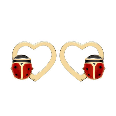 Boucles d'oreilles Coeurs & Coccinelles, Or Jaune 375, 8x7mm - Bambins
