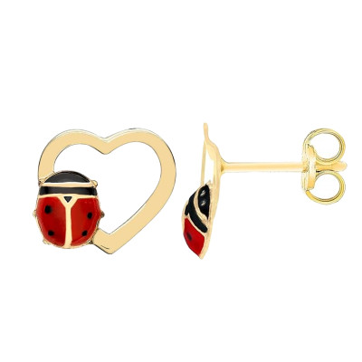 Boucles d'oreilles Coeurs & Coccinelles, Or Jaune 375, 8x7mm - Bambins