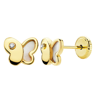 Boucles d'Oreilles Papillon, Or jaune 750 & Nacre - Bambins