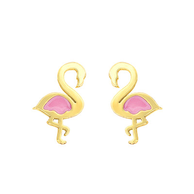 Boucles d'Oreilles Flamants Roses, Email & Or Jaune 750 - Bambins