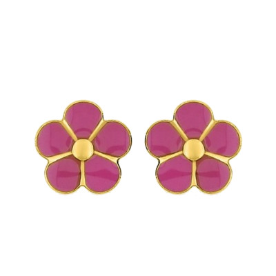 Boucles d'oreilles Fleurs, Laque Rose & Or Jaune 375, Vis - Bambins