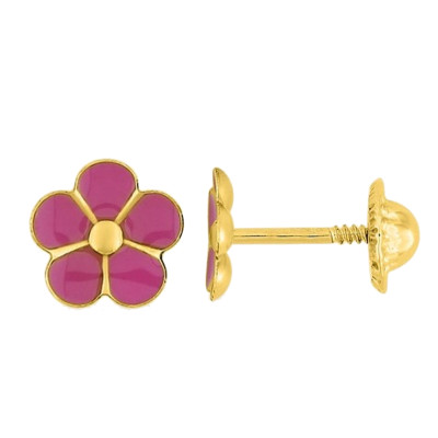 Boucles d'oreilles Fleurs, Laque Rose & Or Jaune 375, Vis - Bambins