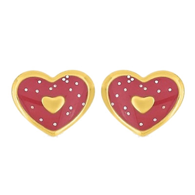 Boucles d'Oreilles Coeurs Rouges, Or Jaune 375 & Laque - Bambins