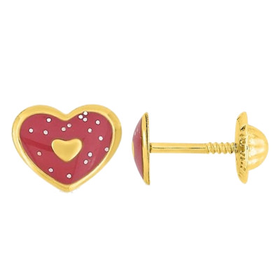 Boucles d'Oreilles Coeurs Rouges, Or Jaune 375 & Laque - Bambins