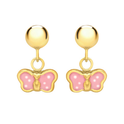 Boucles d'oreilles Papillons, Or Jaune 375 & Émail Rose - Bambins