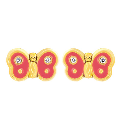 Boucles d'oreilles enfant papillon rose, Or jaune & zyrcon - Bambins