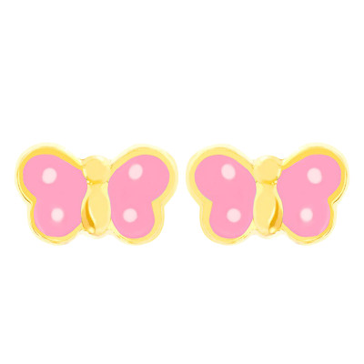 Boucles d'oreilles papillon rose, Or jaune et émail - Bambins