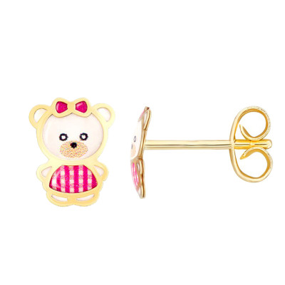 Boucles d'oreilles Ourson, Or jaune 750 et émail - Bambins