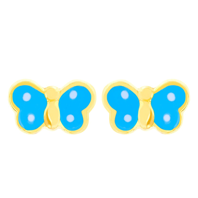 Boucles D'Oreilles Bébé Fille En Or 9 Carats - Papillon Émail Bleu - Coffret Cadeau Mondepetit