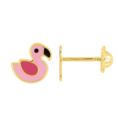 Boucles d'oreilles Flamant Rose, Or Jaune 375 - Bambins