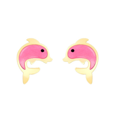 Boucles d'oreilles Dauphin, Or jaune et émail rose - Bambins