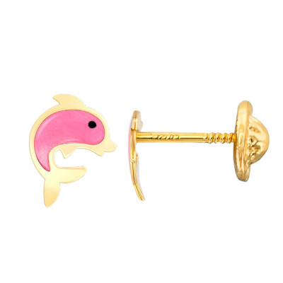 Boucles d'oreilles Dauphin, Or jaune et émail rose - Bambins