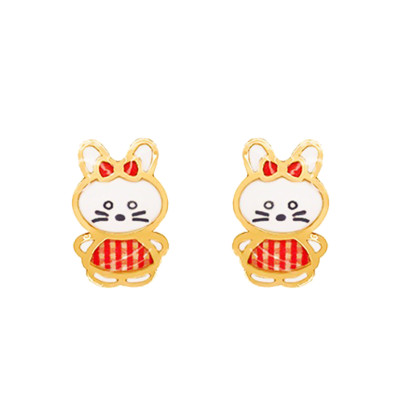 Boucles d'oreilles Lapin Vichy Rouge, Or Jaune - Bambins