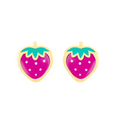 Boucles d'oreilles fraises roses, Or jaune et émail - Bambins